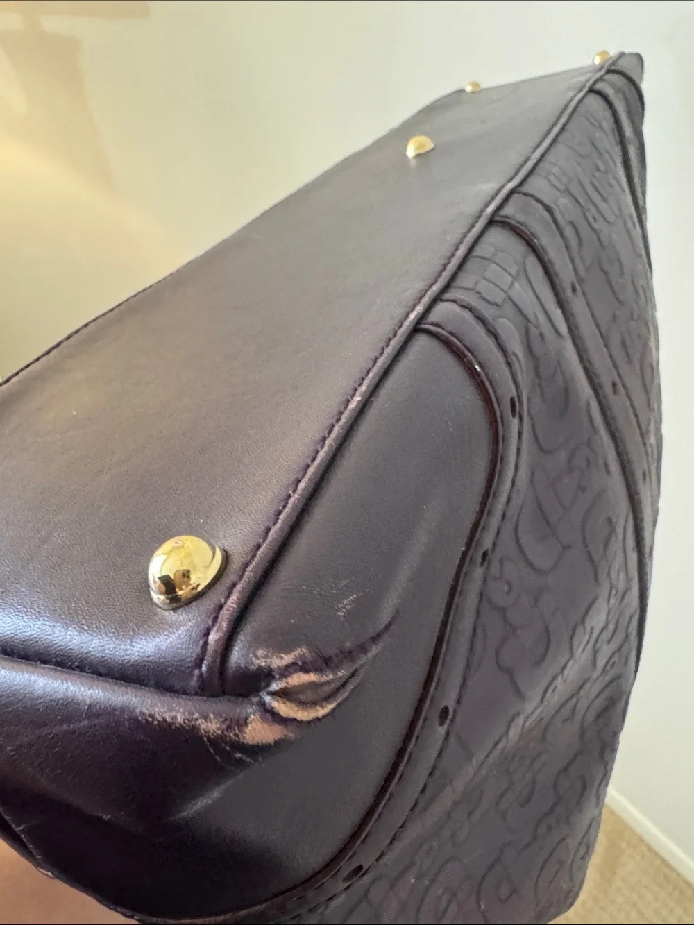 Gucci Vintage Horsebit Monogram Embossed Leather Tote Shoulder Bag Gold Hardware